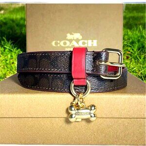 Coach Dog Collar + Apple AirTag Tracker! Brown Red Signature C Size Large